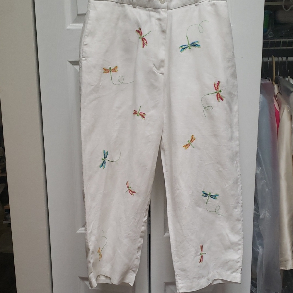 Paraphrase White Linen Pants with Embroidery
